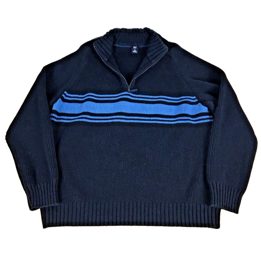 GAP Mens XXL Navy Blue Striped Quarter Zip Ribbed Knit Cotton Sweater 2004 Y2K
